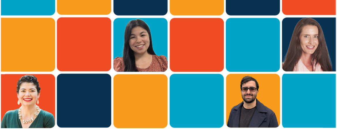 Collage of colored tiles and former graduate student photographs